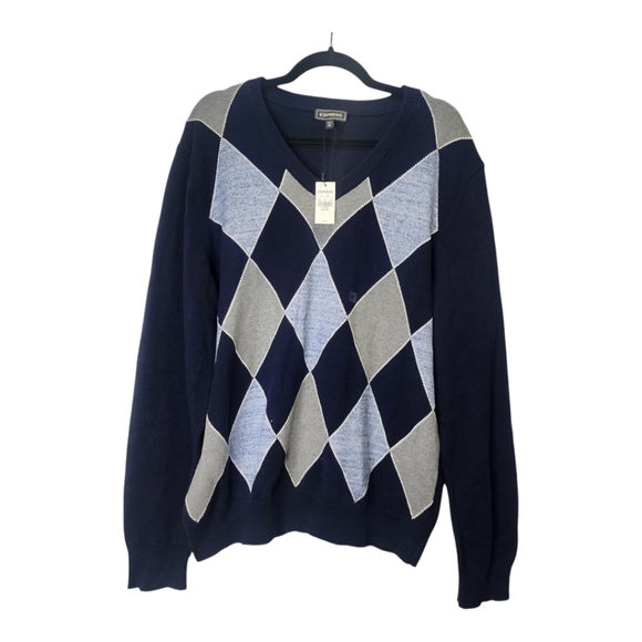 NWT Express Men's V Neck Blue Argyle Pattern Sweater Size XL - Picture 1 of 4